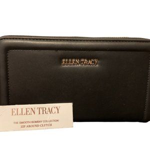 Ellen Tracy Wallet Black Leather Zip Around Clutch Gold Emblem